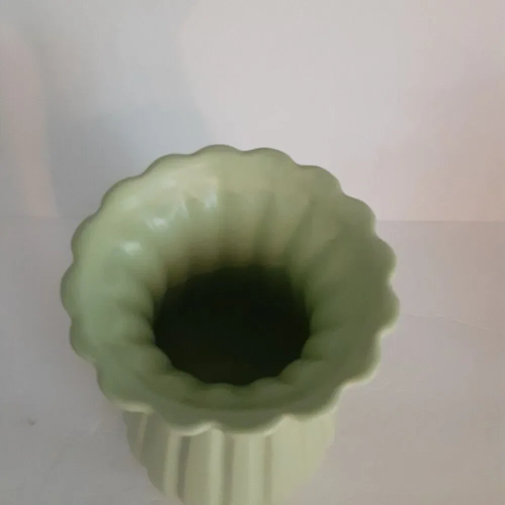 Vintage Ruffle Scallop Vase Spring Green Ceramic Cottage